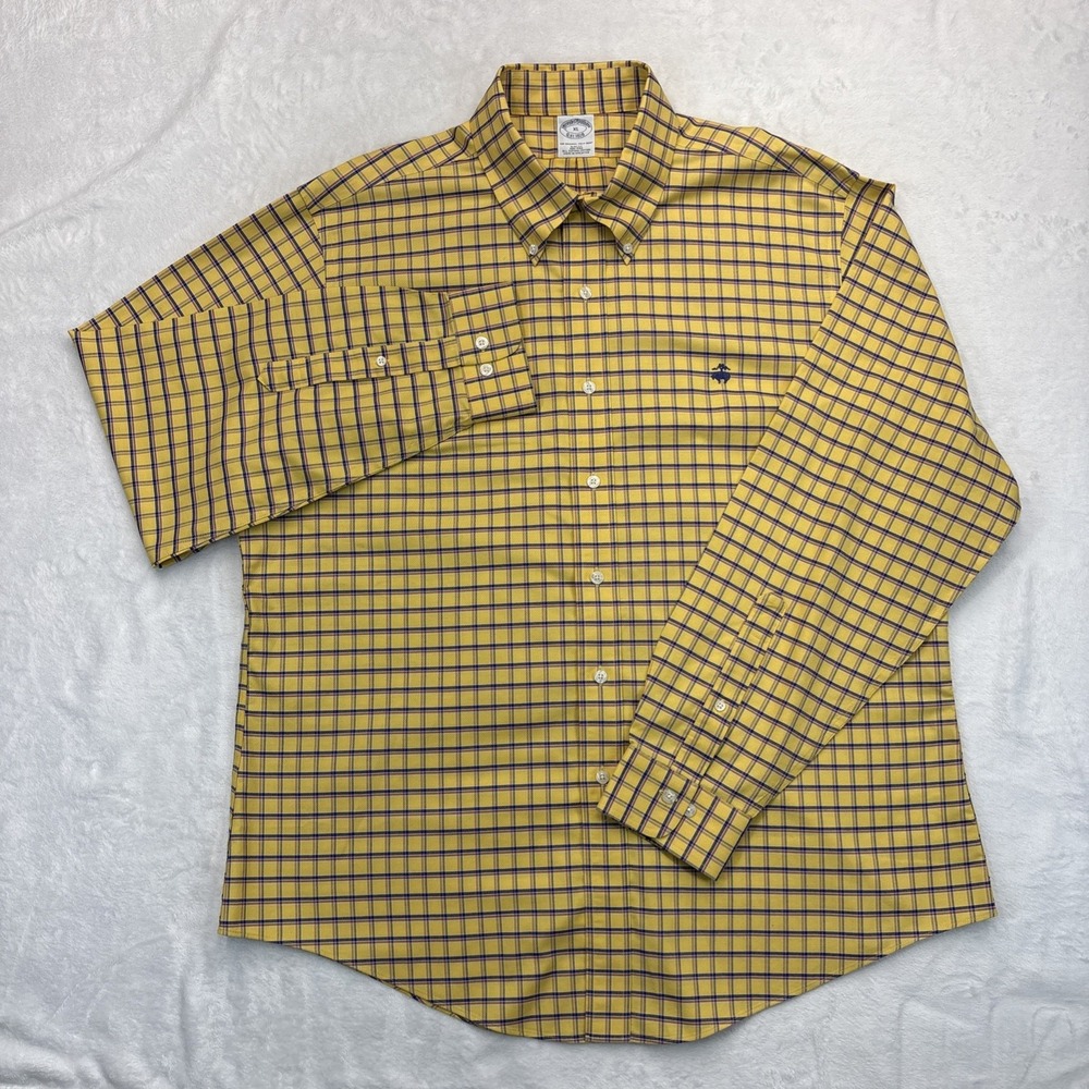 Brooks Brothers Mens XL Yellow Plaid Button Down Shirt Slim Fit Non Iron